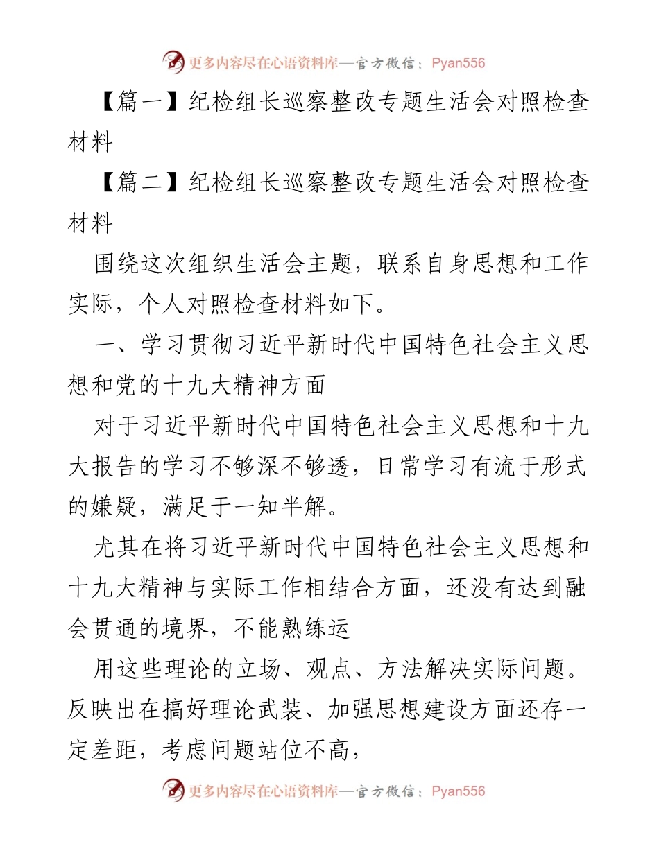 [对照检查材料] 组织生活会 - 纪检组长巡察整改自查与反思报告.docx_第1页