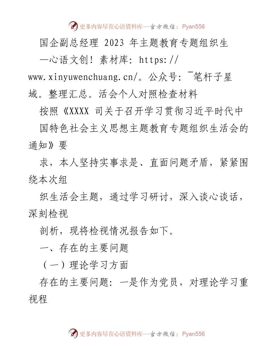 [对照检查材料] 主题教育专题组织生活会 - 国企副总经理个人问题检视与反思.docx_第1页