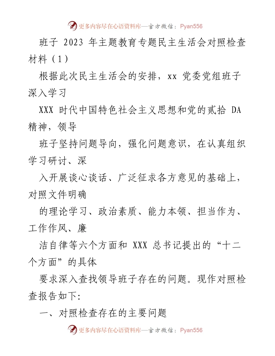 [对照检查报告] 主题教育专题民主生活会 - 班子对照检查材料总结与问题剖析.docx_第1页
