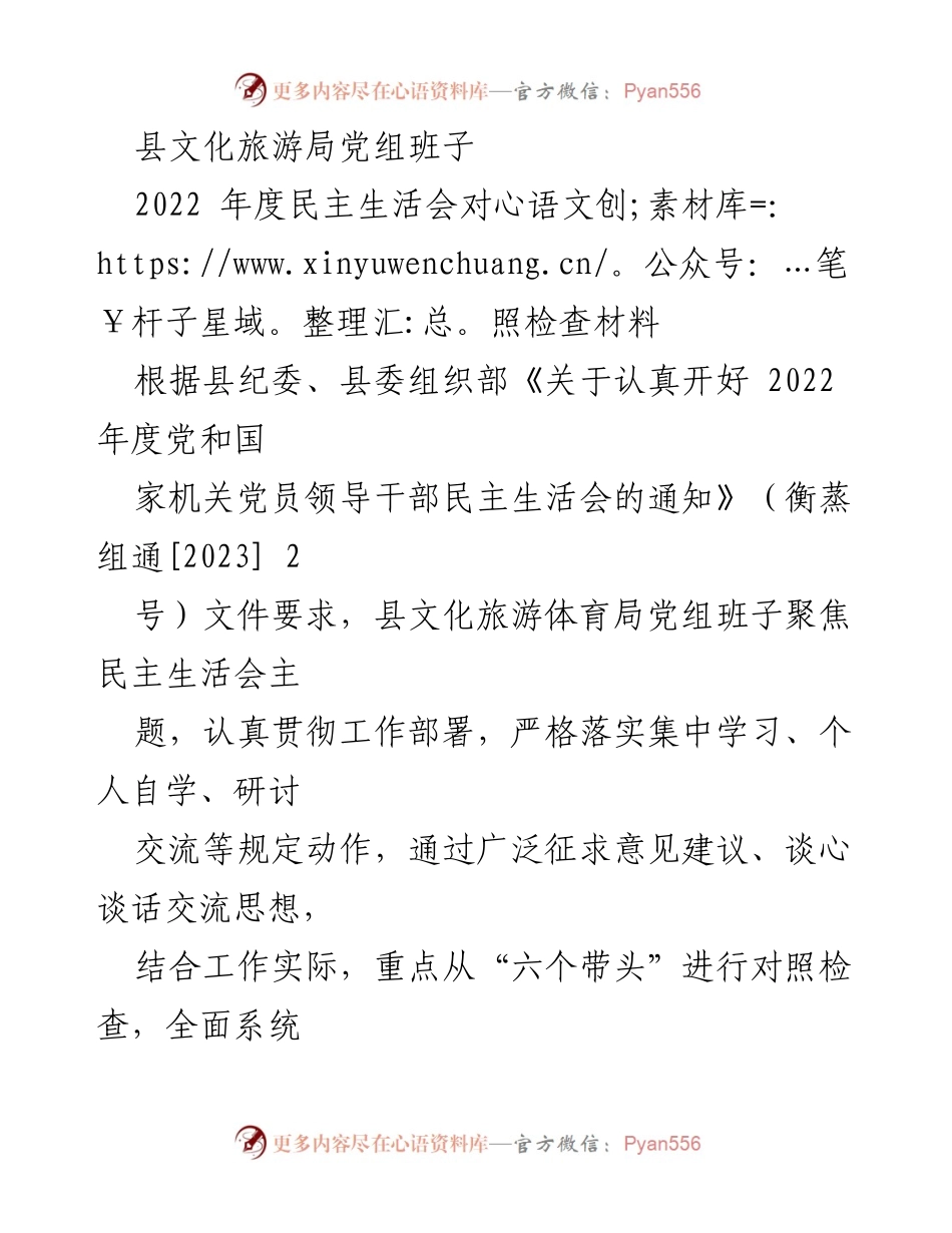 [对照检查材料] 2022年度民主生活会 - 县文化旅游局党组班子对照检查报告.docx_第1页