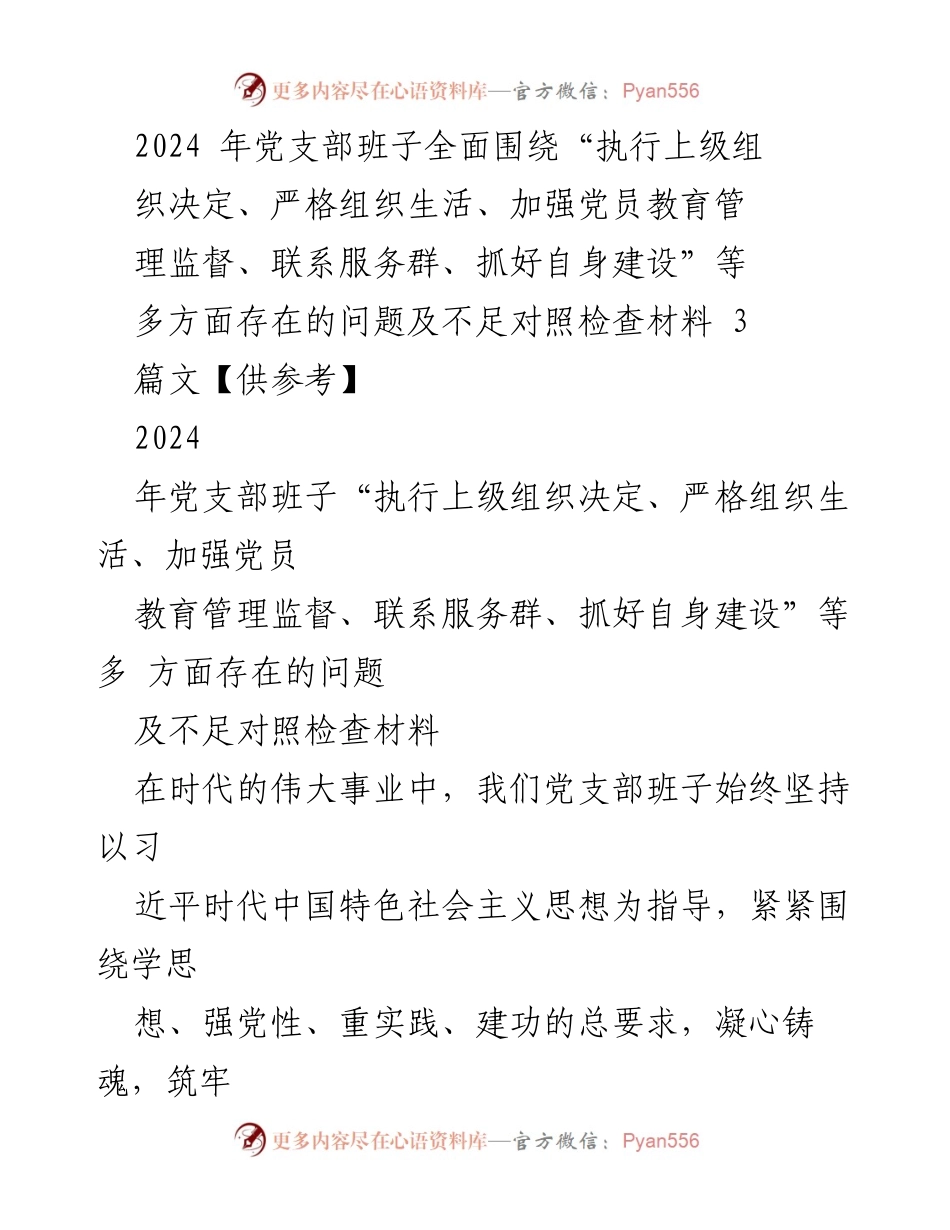 [对照检查材料] 党支部工作会议 - 2024年党支部班子对照检查材料总结与整改措施.docx_第1页