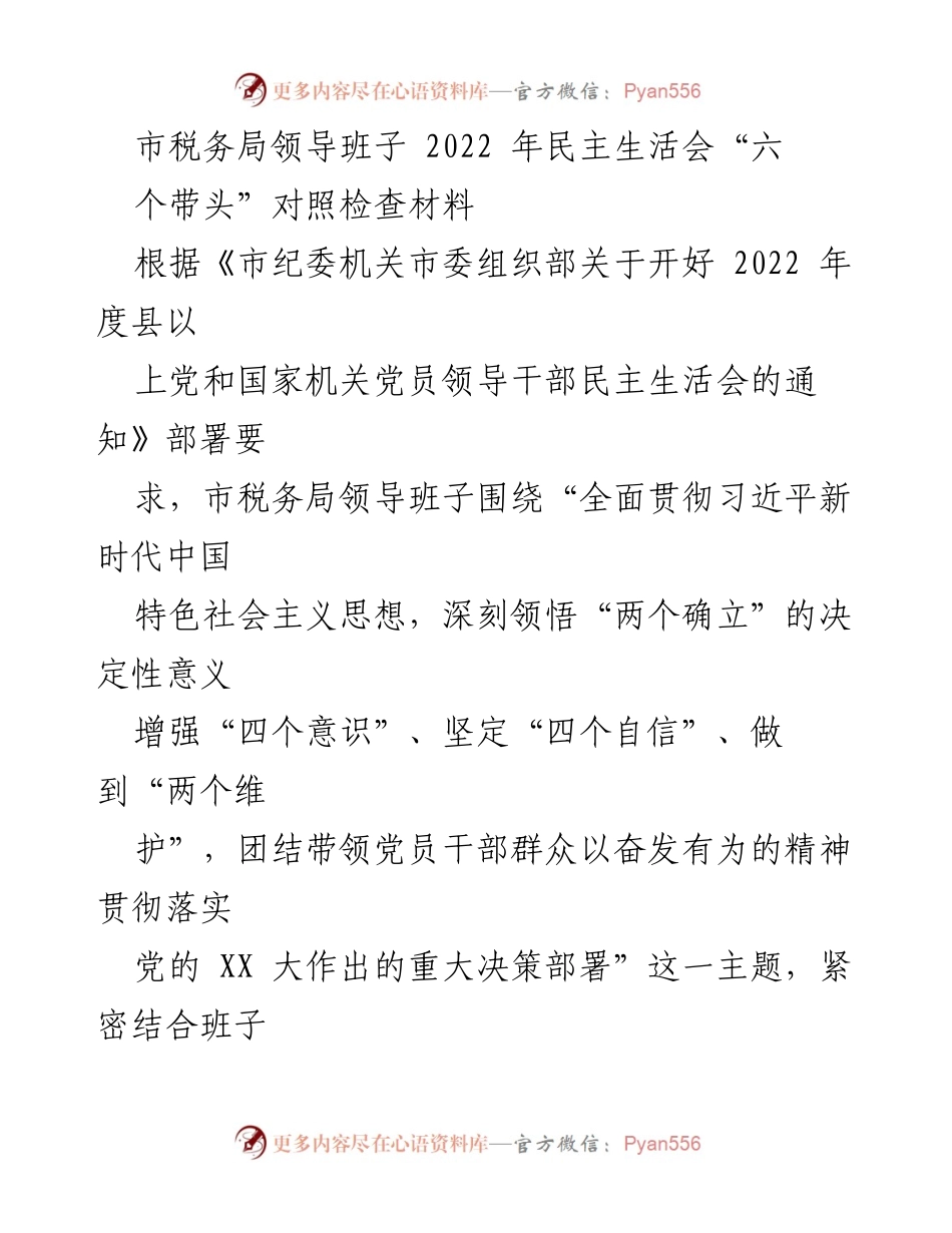[对照检查材料] 市税务局领导班子 - 2022 年民主生活会对照检查材料分析与整改措施.docx_第1页