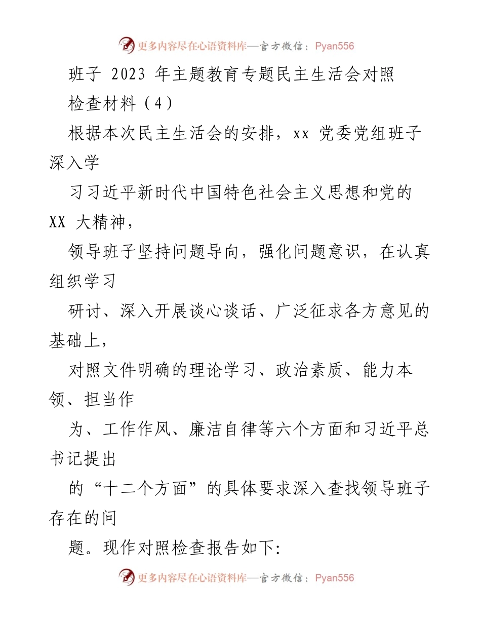 [对照检查材料] 主题教育专题民主生活会 - 班子对照检查报告及问题分析.docx_第1页