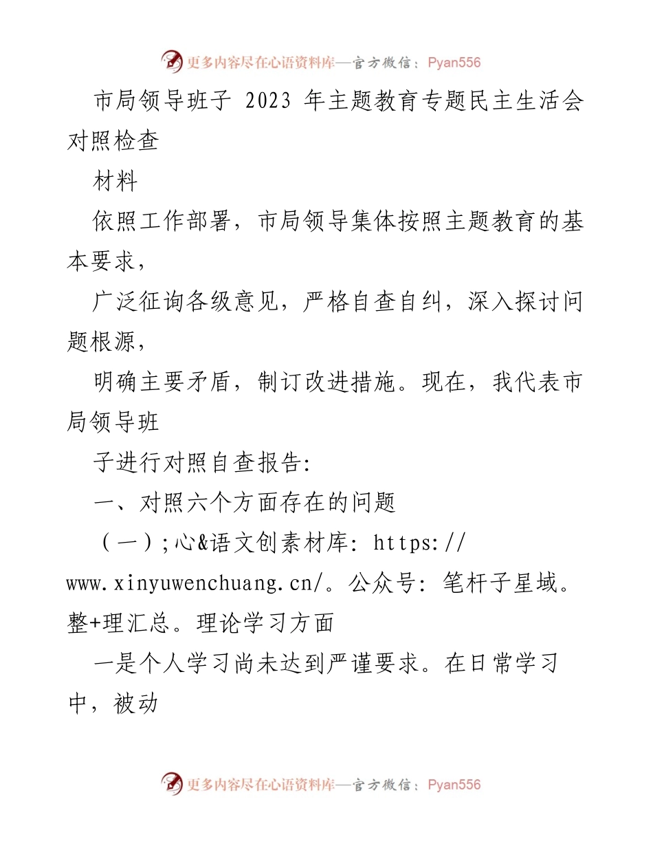 [对照检查报告] 主题教育专题民主生活会 - 市局领导班子2023年自查报告分析.docx_第1页