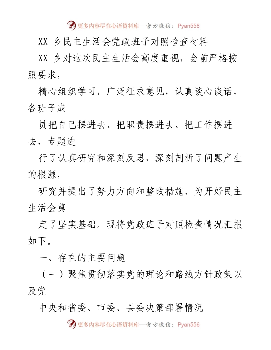 [对照检查材料] 民主生活会 - XX乡党政班子对照检查及整改措施汇报.docx_第1页