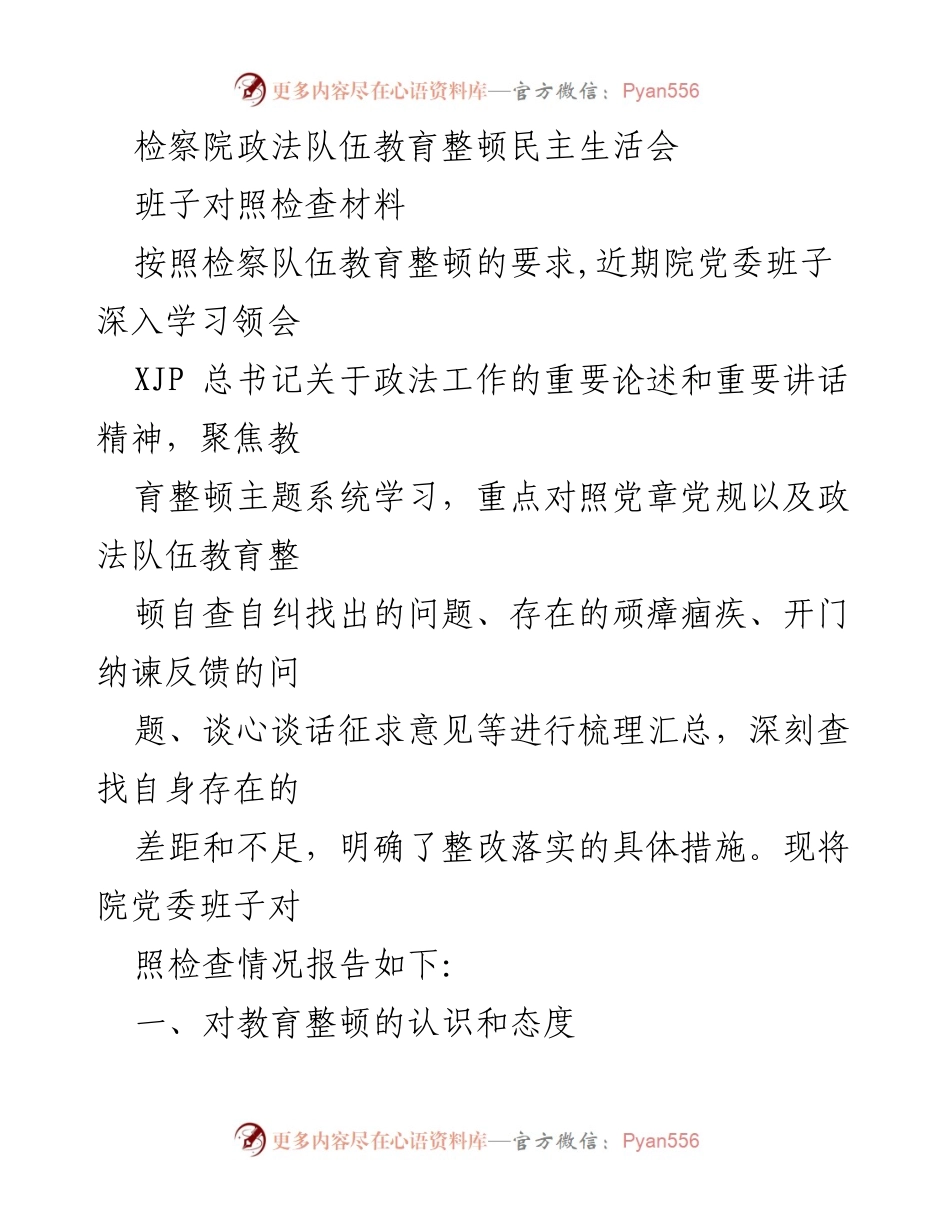 [对照检查材料] 民主生活会 - 检察院政法队伍教育整顿班子对照检查报告.docx_第1页