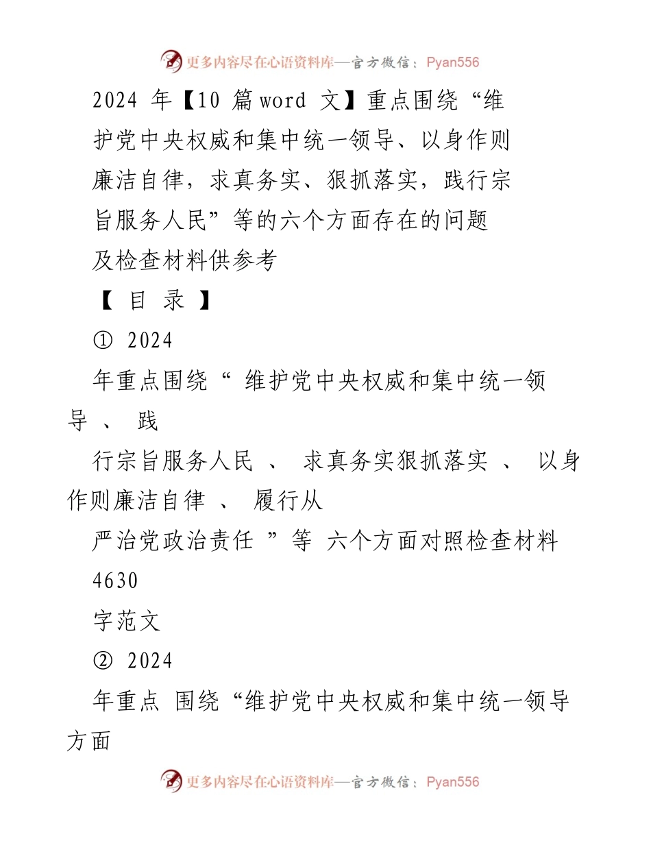 [对照检查材料] 2024年工作总结 - 六个方面问题检查与整改建议.docx_第1页