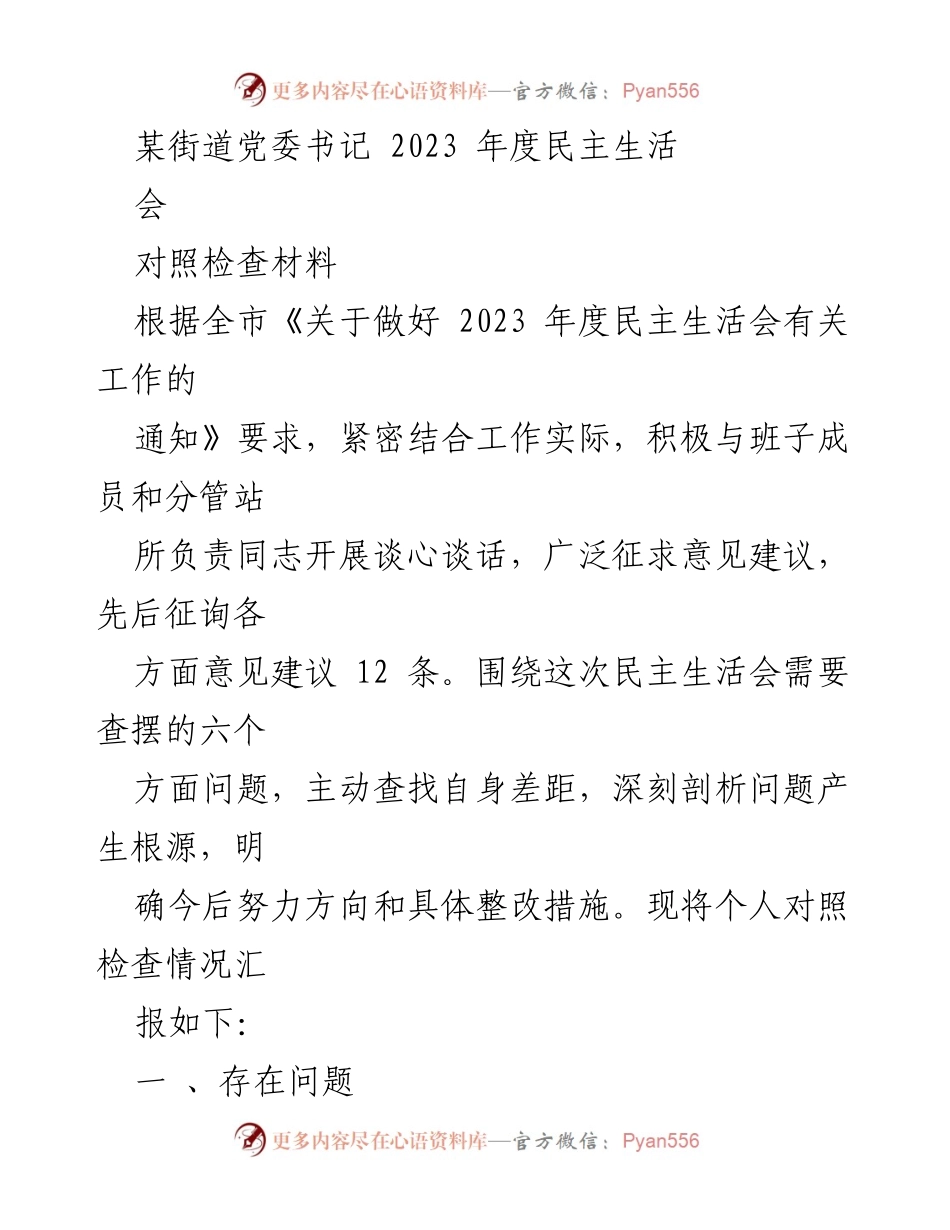 [对照检查材料] 2023年度民主生活会 - 街道党委书记年度自我反思与整改措施报告.docx_第1页
