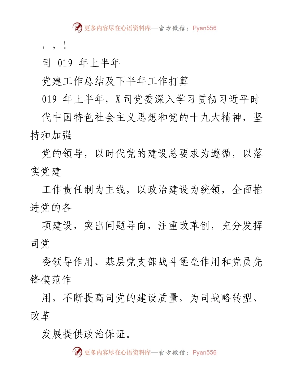[工作总结] 019年上半年党建工作总结及下半年工作打算.docx_第1页