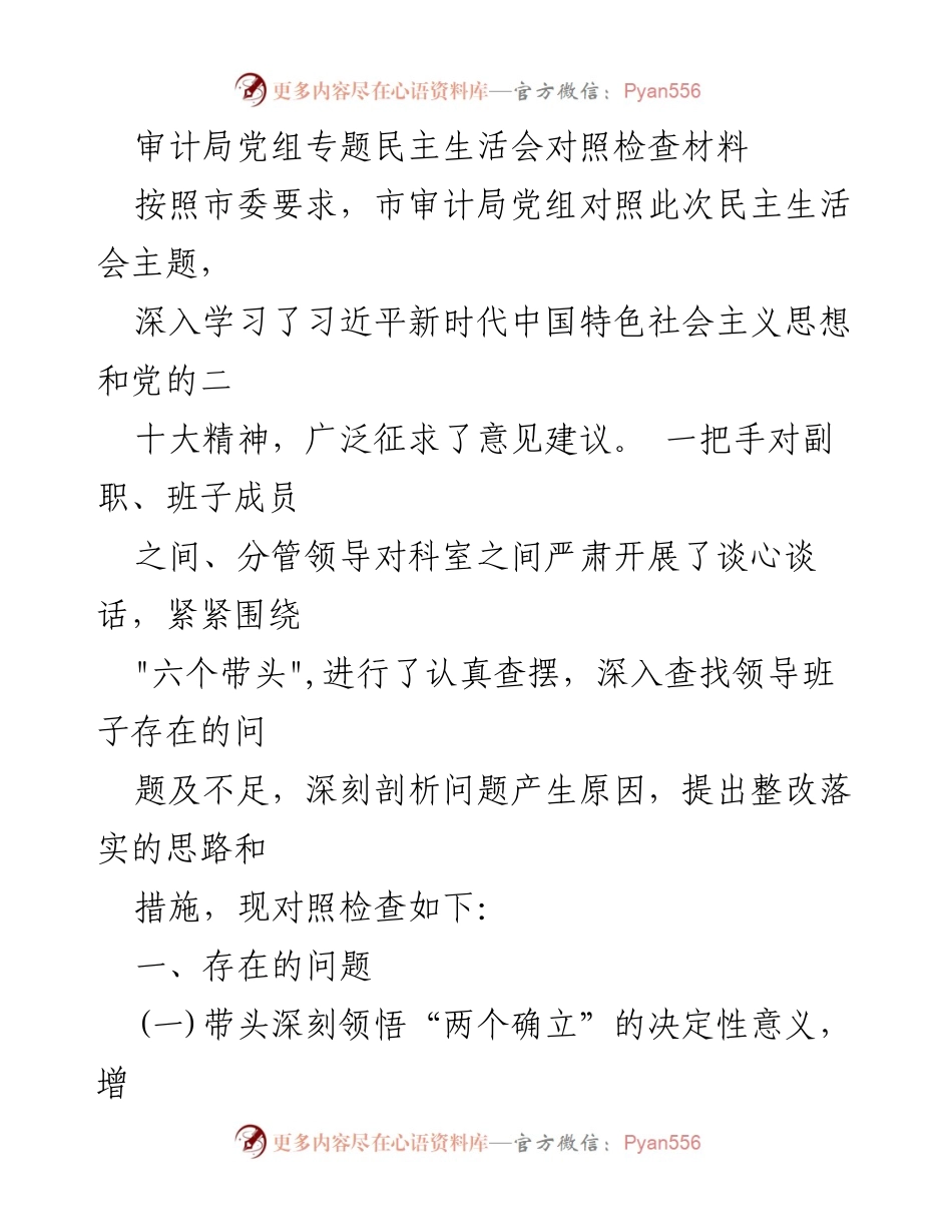 [对照检查材料] 专题民主生活会 - 审计局党组对照检查材料总结.docx_第1页