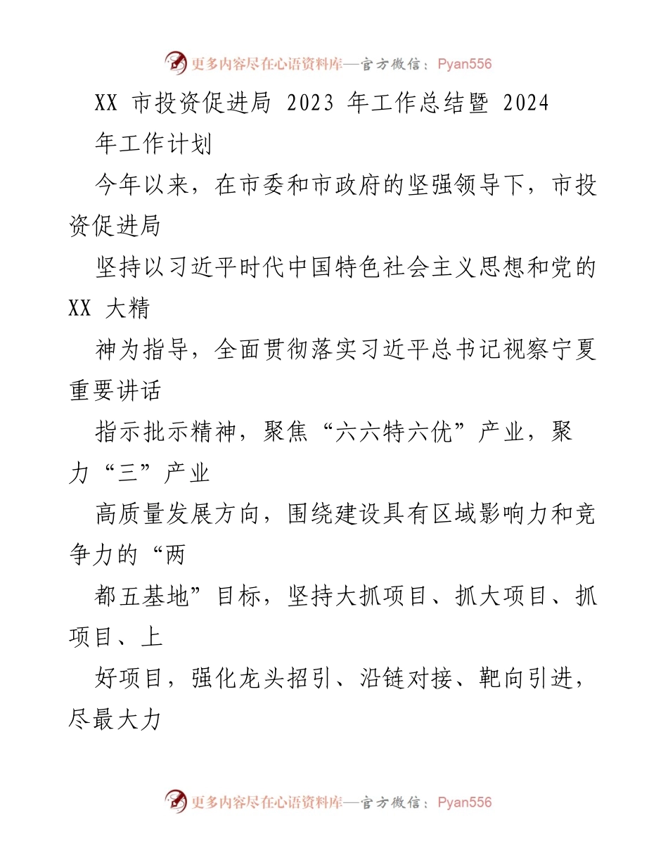 [工作总结] 2023年工作总结暨2024年工作计划 - XX市投资促进局工作成效与未来发展方向分析.docx_第1页
