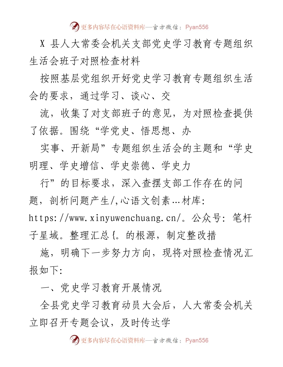 [对照检查材料] 党史学习教育专题组织生活会 - X县人大常委会机关支部党史学习教育对照检查报告.docx_第1页
