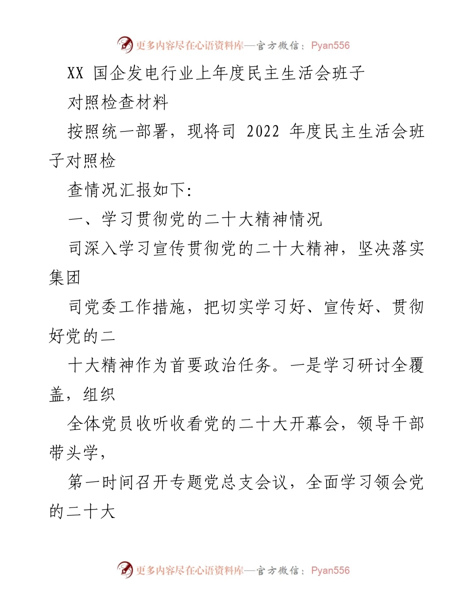 [对照检查材料] 国企发电行业 - 2022年度民主生活会班子对照检查情况汇报.docx_第1页