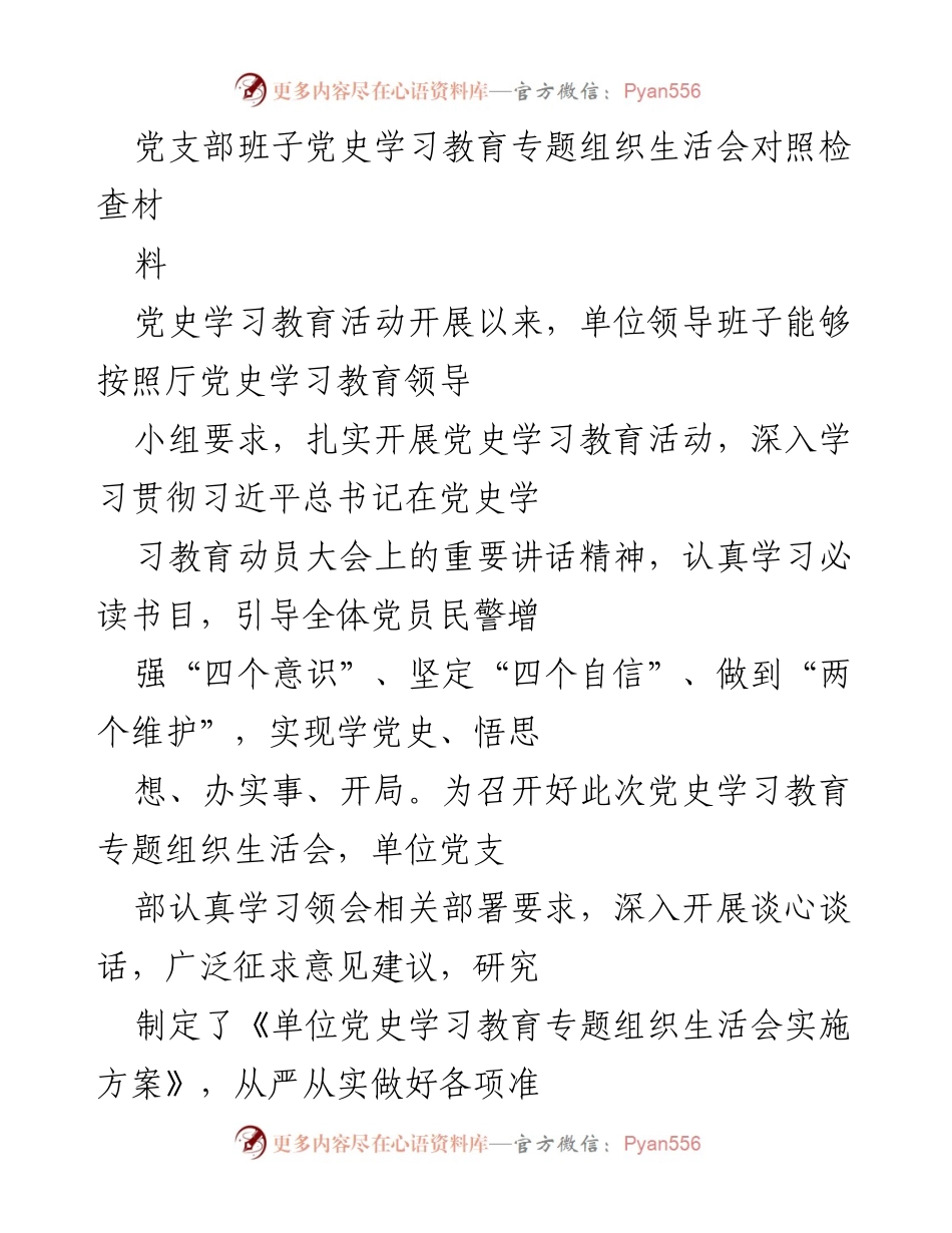 [对照检查报告] 党史学习教育专题组织生活会 - 党支部班子对照检查情况报告.docx_第1页