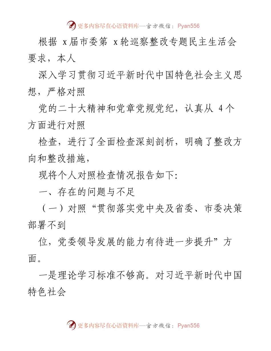 [对照检查报告] 市委巡察整改专题民主生活会 - 深入剖析个人对照检查情况与整改措施.docx_第1页
