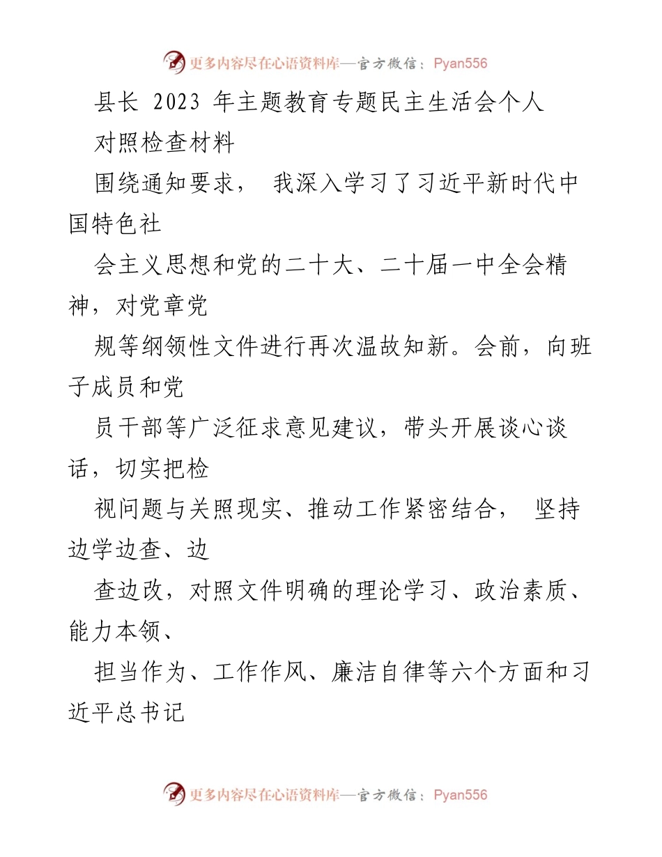 [对照检查材料] 主题教育专题民主生活会 - 县长个人对照检查与整改措施报告.docx_第1页