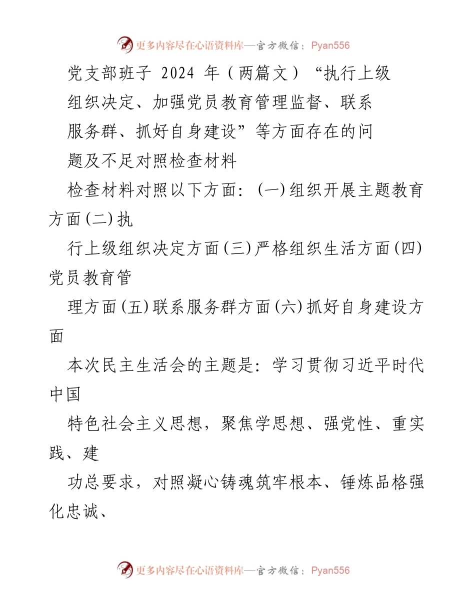 [对照检查材料] 党支部民主生活会 - 2024年党支部班子对照检查材料：存在的问题与整改方向.docx_第1页