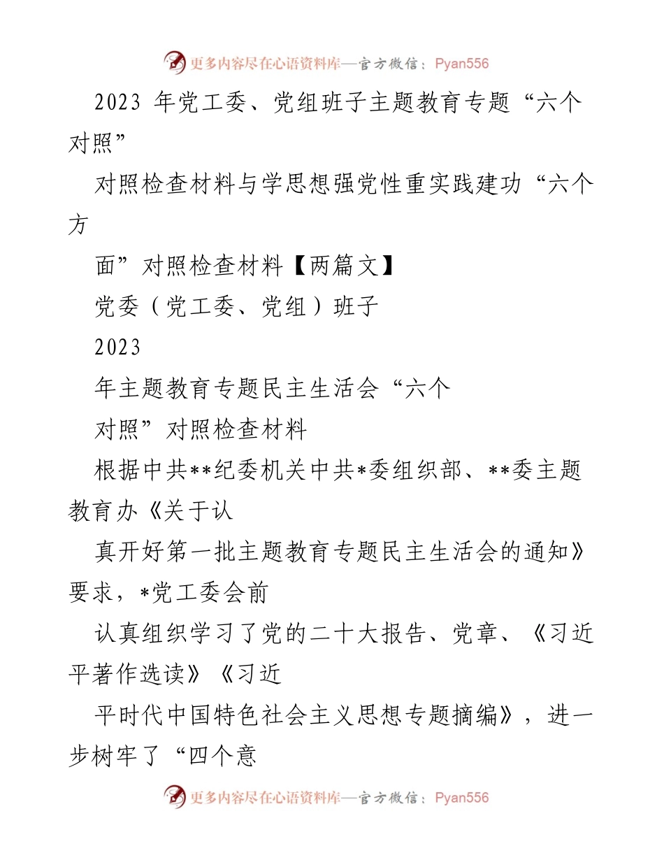 [对照检查材料] 主题教育专题民主生活会 - 2023年党工委班子对照检查及整改情况总结.docx_第1页