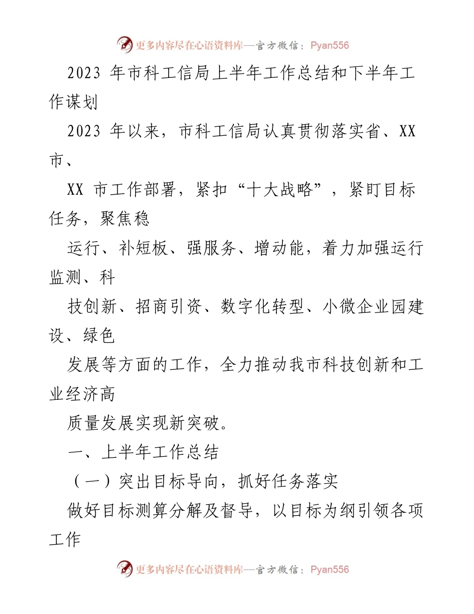 [工作总结] 2023年市科工信局 - 上半年工作总结与下半年发展规划.docx_第1页