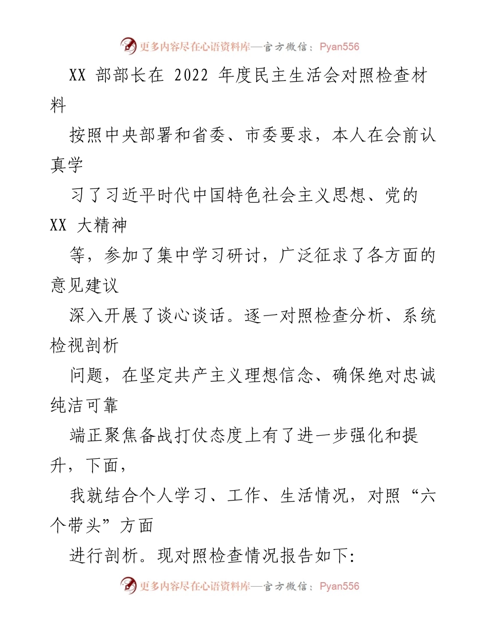 [对照检查材料] 年度民主生活会 - XX 部部长2022年度对照检查材料分析.docx_第1页