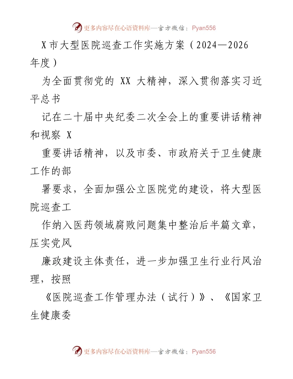 [实施方案] 医疗卫生 - X市大型医院巡查工作实施方案（2024—2026年度）.docx_第1页