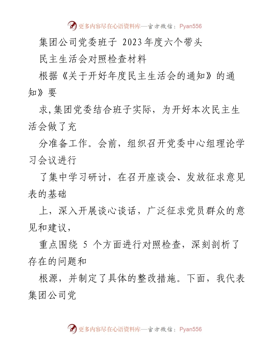 [对照检查材料] 民主生活会 - 集团公司党委班子2023年度对照检查报告.docx_第1页