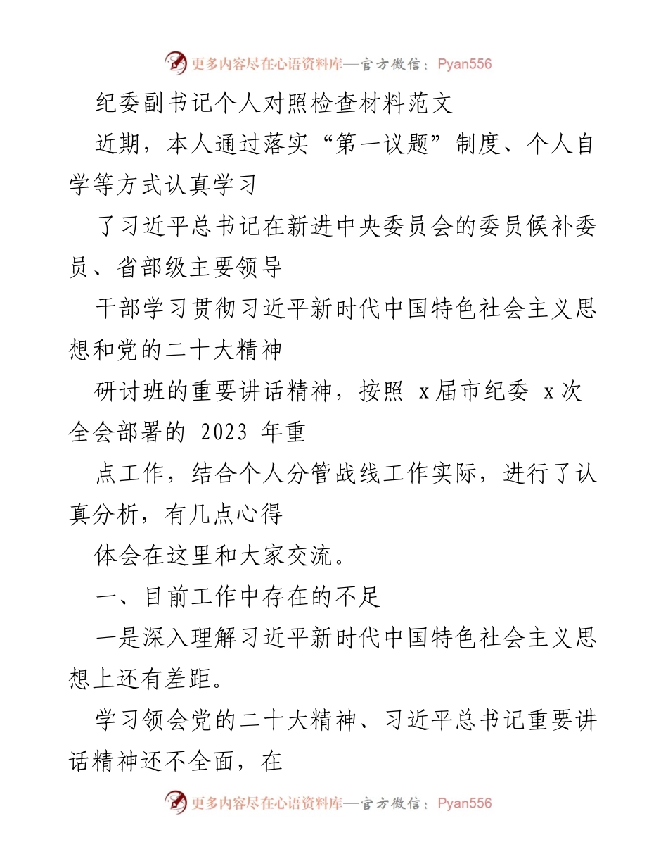 [对照检查材料] 纪委工作会议 - 纪委副书记个人对照检查及反思.docx_第1页