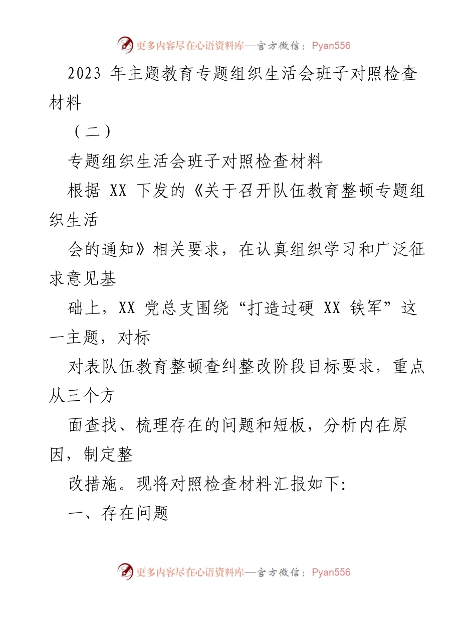[对照检查材料] 主题教育专题组织生活会 - 2023年队伍教育整顿班子对照检查汇报.docx_第1页