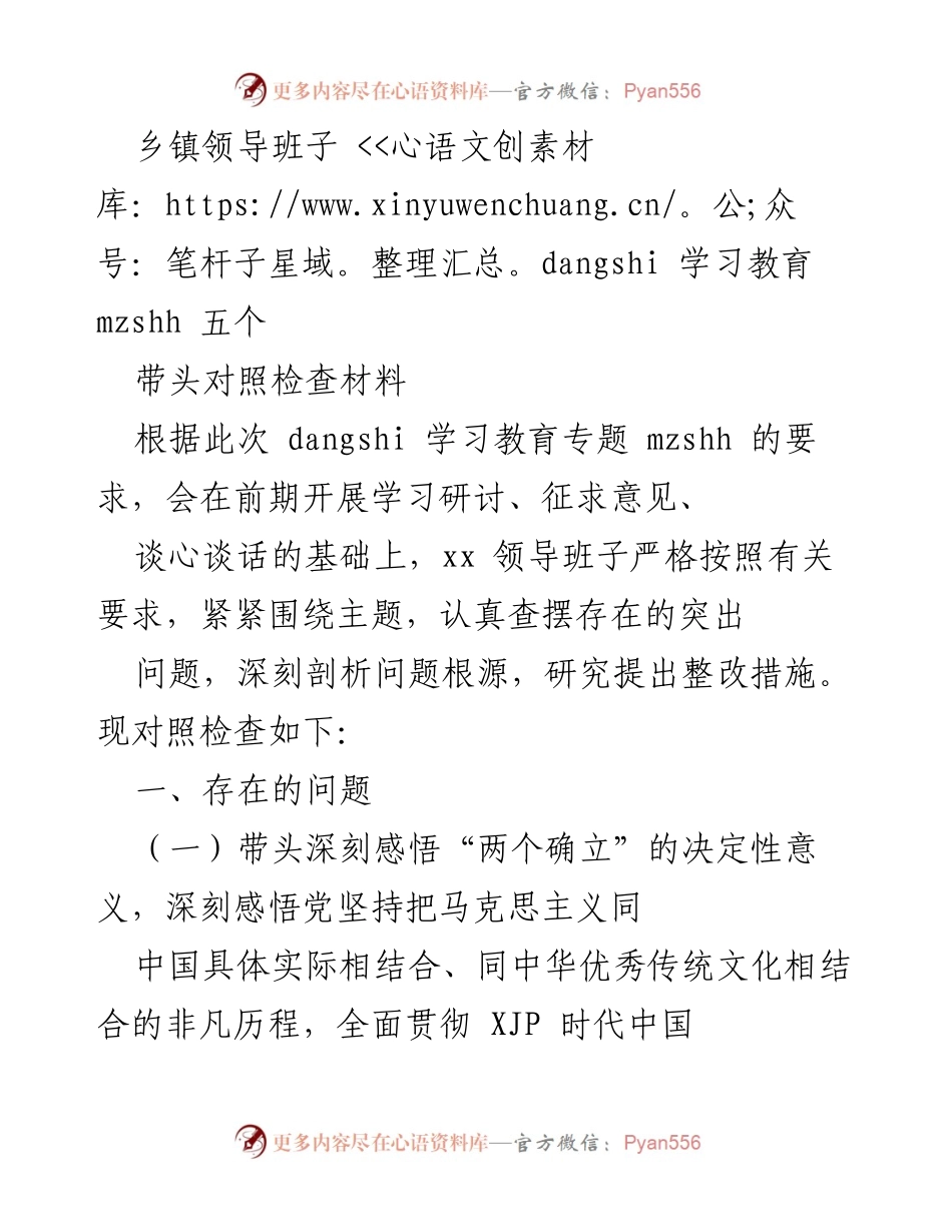[对照检查材料] 乡镇领导班子 - 深刻剖析问题根源，推动党建工作整改措施.docx_第1页
