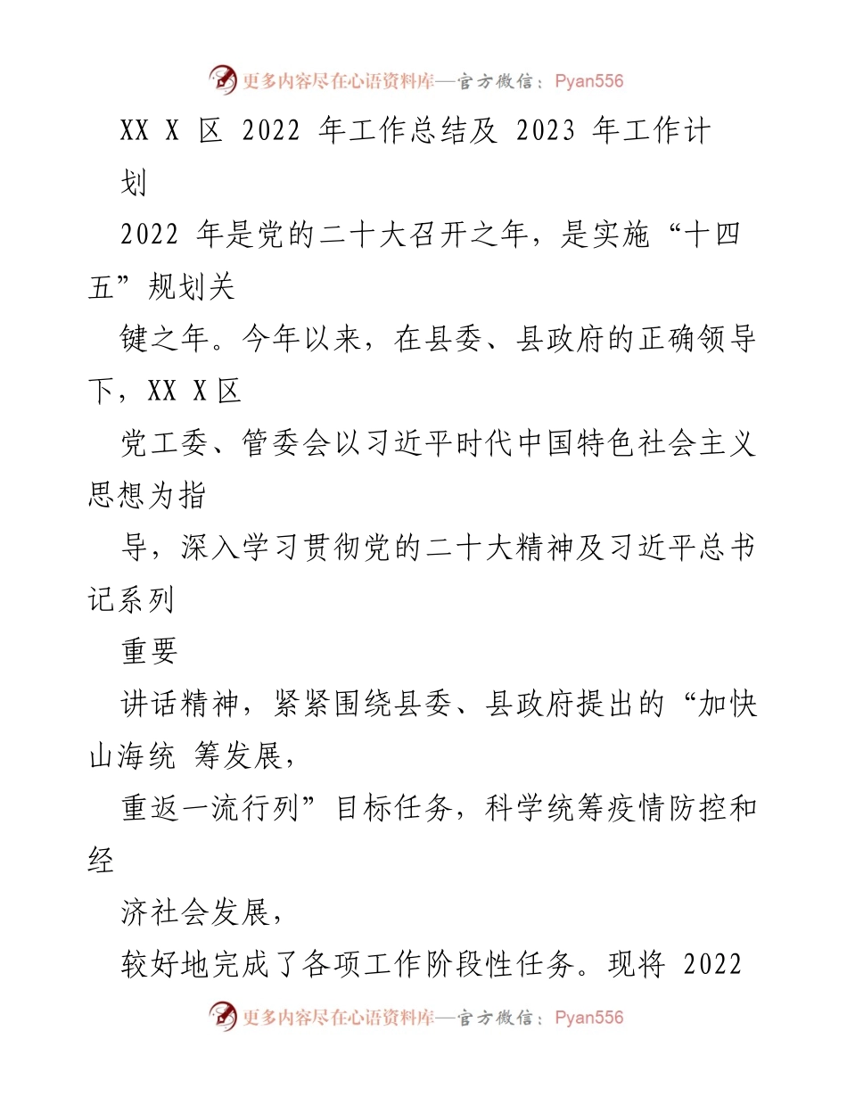 [工作总结] 2022年工作总结及2023年工作计划 - XX X区2022年工作总结与2023年发展规划.docx_第1页