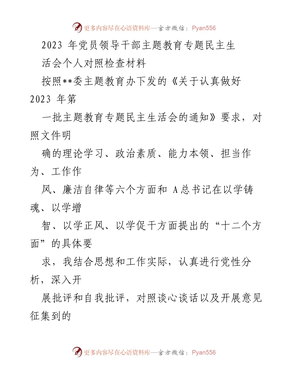 [对照检查材料] 党员领导干部专题民主生活会 - 2023年党员领导干部主题教育个人对照检查与整改报告.docx_第1页