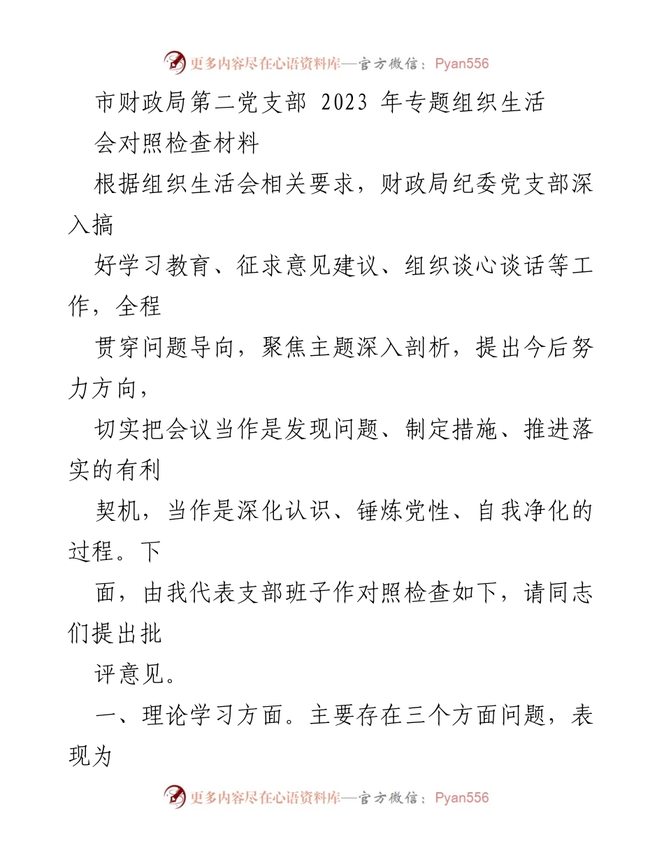 [对照检查材料] 党支部组织生活会 - 市财政局第二党支部2023年专题组织生活会对照检查总结.docx_第1页