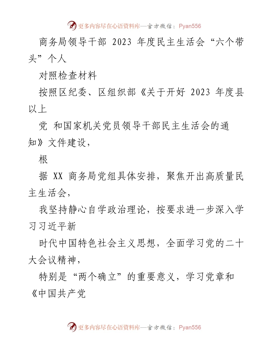 [对照检查材料] 2023年度民主生活会 - 领导干部个人对照检查与整改措施汇报.docx_第1页