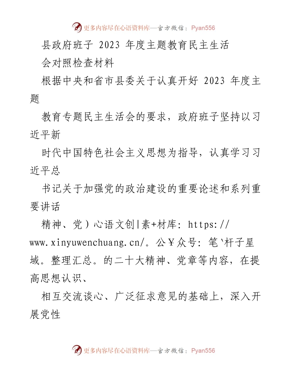 [对照检查材料] 县政府班子 - 2023年度主题教育民主生活会对照检查分析报告.docx_第1页