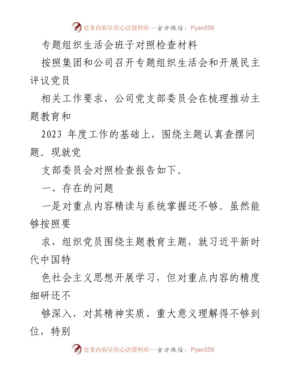 [对照检查报告] 专题组织生活会 - 党支部对照检查及问题梳理报告.docx_第1页