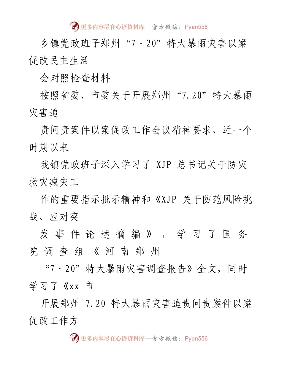 [对照检查材料] 乡镇党政班子 - 郑州“7·20”特大暴雨灾害以案促改民主生活会对照检查报告.docx_第1页
