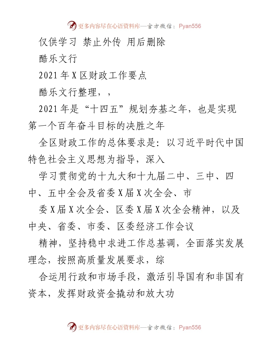 [工作总结] 2021年X区财政工作 - 2021年X区财政工作要点与实施策略.docx_第1页