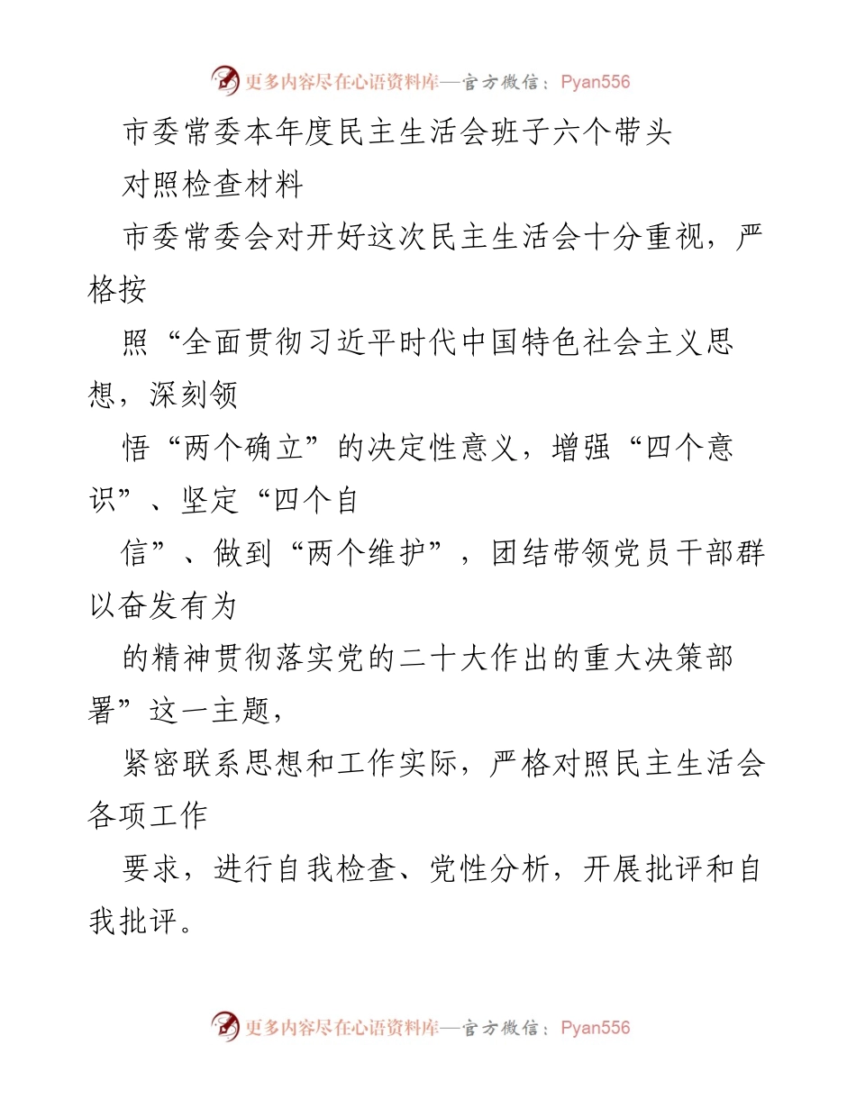 [对照检查材料] 民主生活会 - 市委常委班子自我检查与问题分析报告.docx_第1页