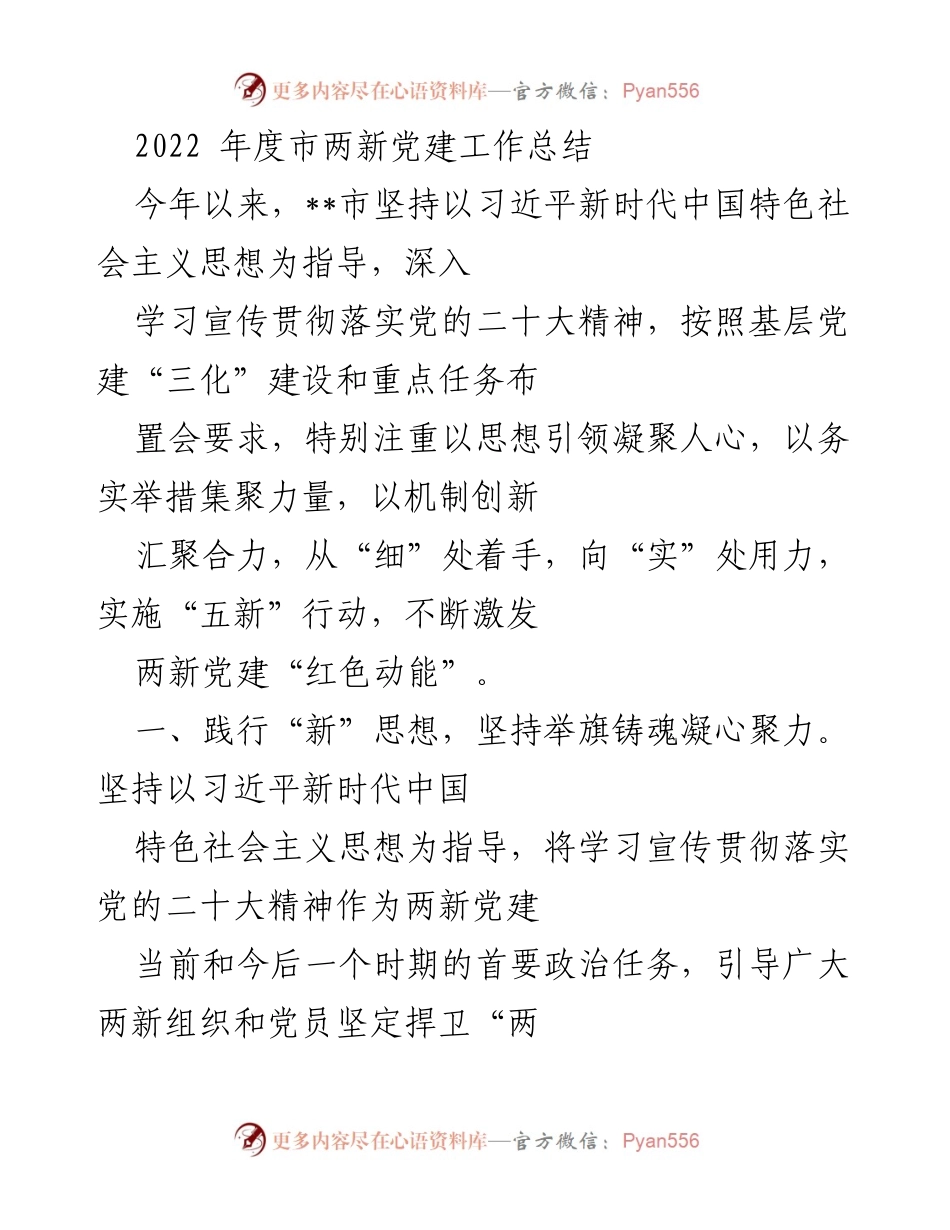 [工作总结] 2022年度 - 市两新党建工作总结报告.docx_第1页