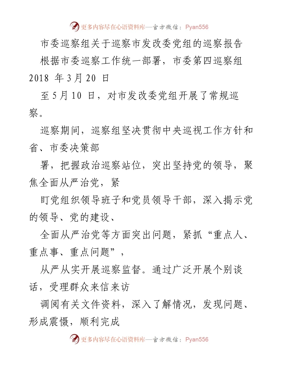 [巡察报告] 市委巡察 - 市发改委党组巡察情况反馈与整改建议.docx_第1页
