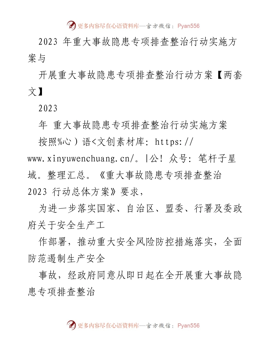 [实施方案] 安全生产 - 2023年重大事故隐患专项排查整治行动实施方案.docx_第1页