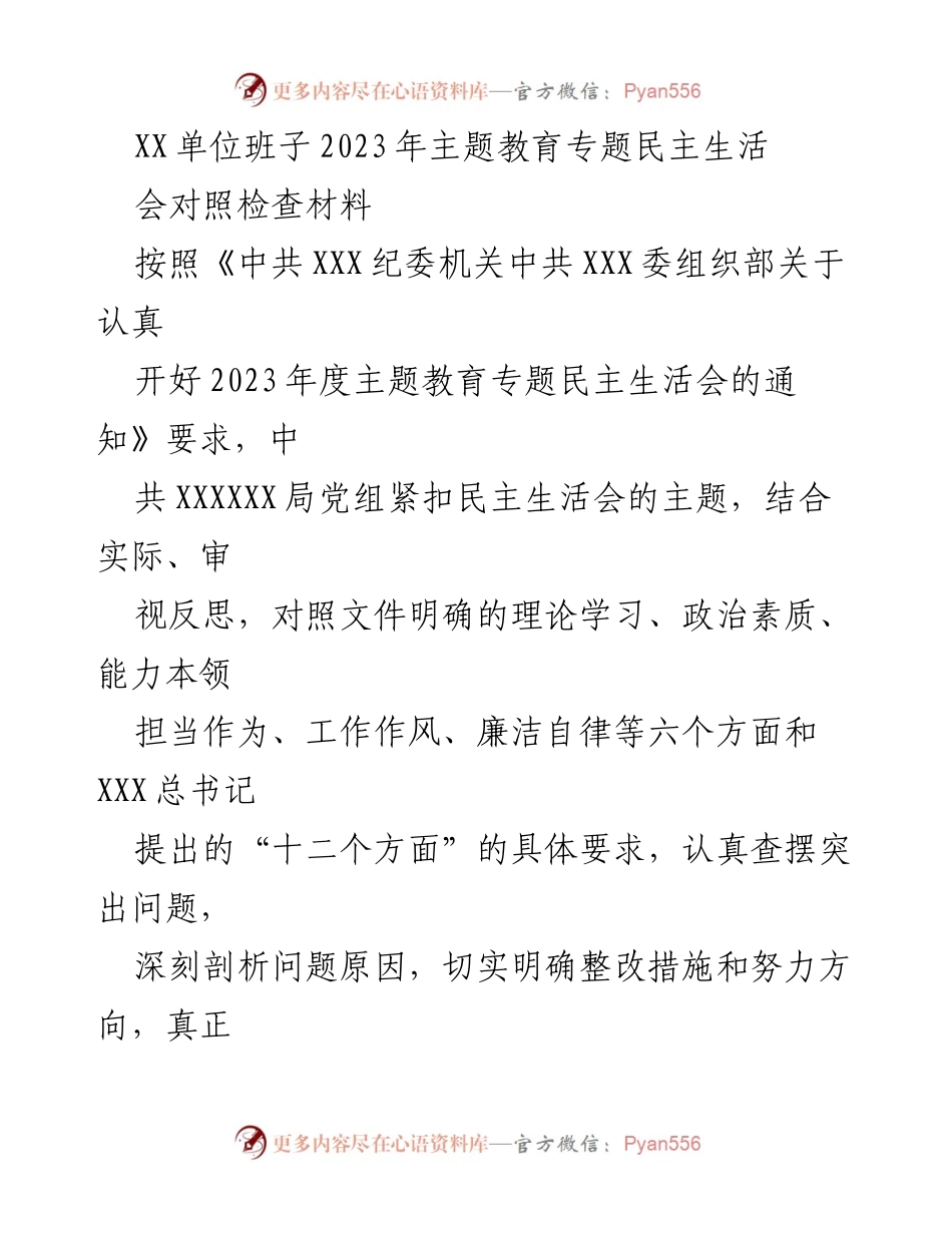 [对照检查材料] 主题教育专题民主生活会 - 2023年度班子民主生活会对照检查及问题剖析.docx_第1页