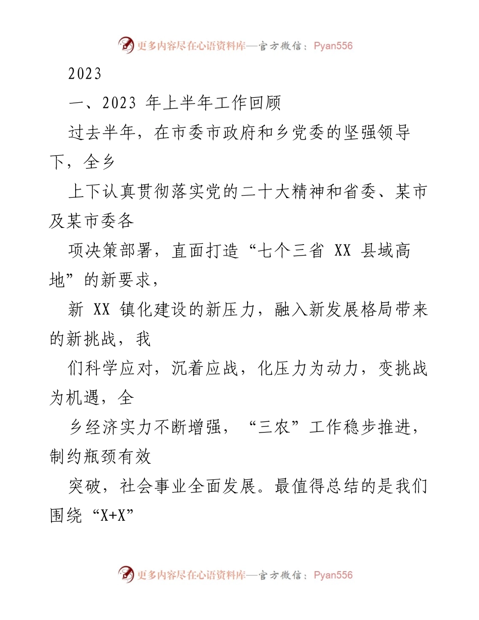 [工作总结] 2023年上半年 - XX乡高质量发展工作回顾与成效分析.docx_第1页