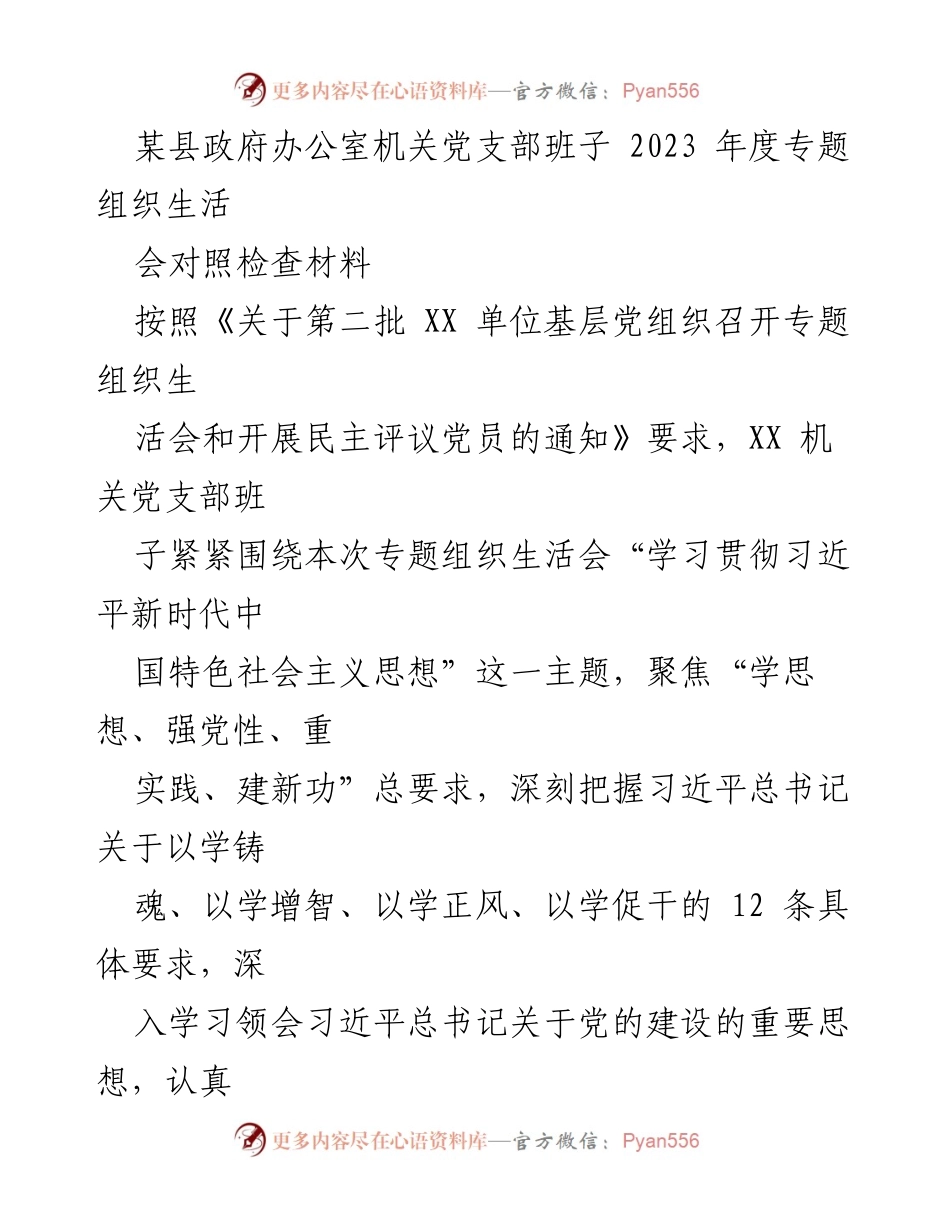 [对照检查材料] 党支部专题组织生活会 - 2023年度机关党支部班子对照检查报告.docx_第1页