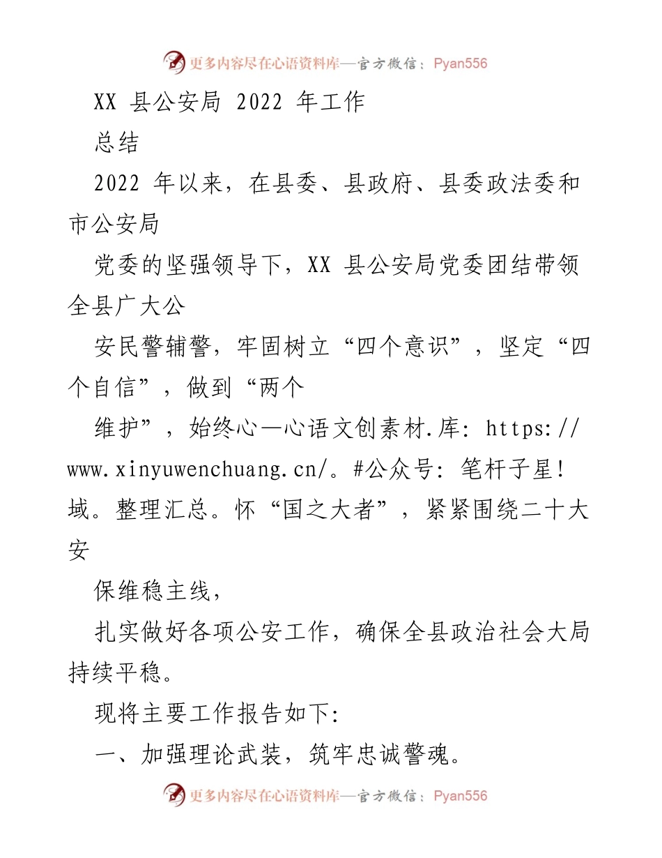 [工作总结] 2022年公安工作 - XX县公安局2022年工作总结报告.docx_第1页