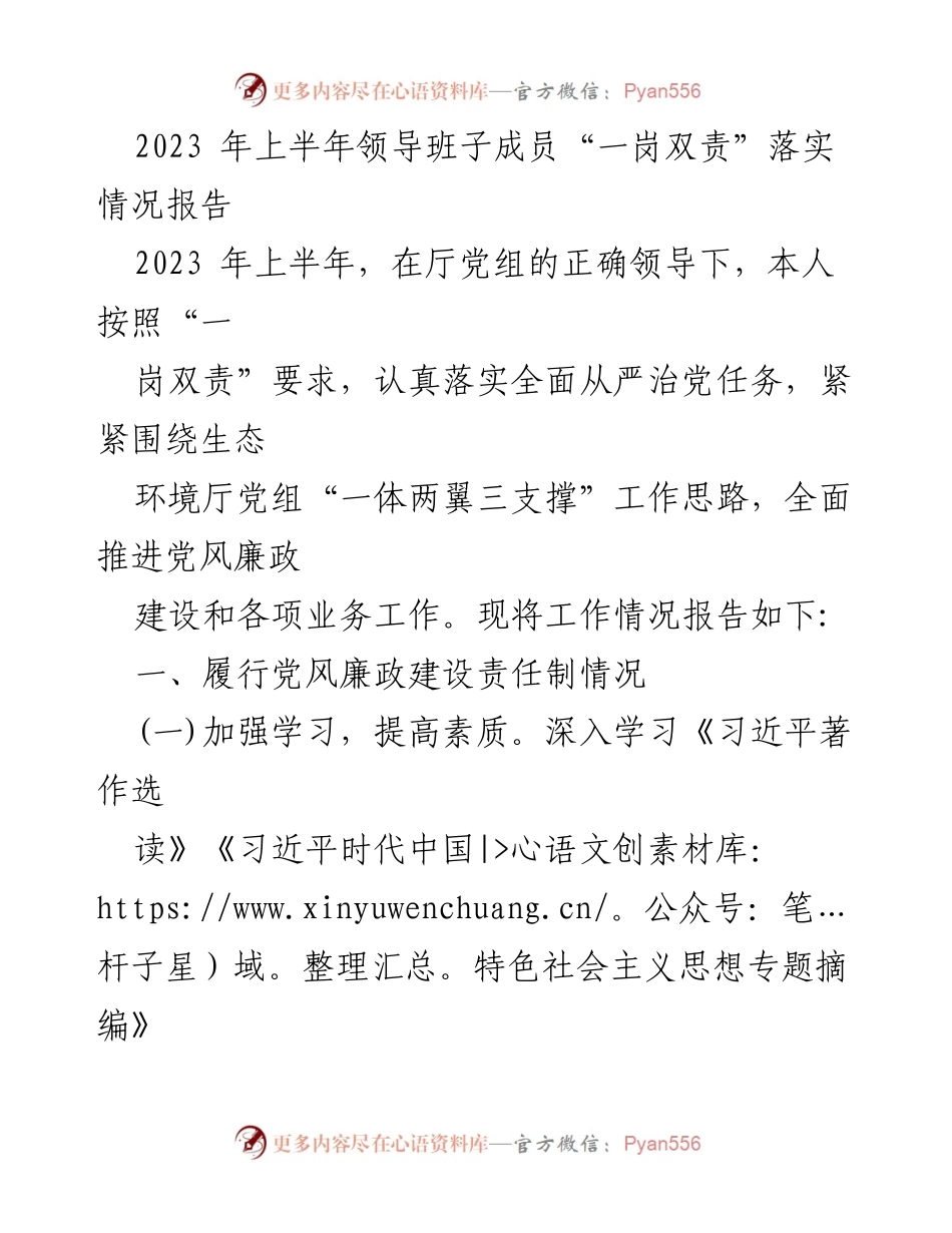 [工作总结] 2023年上半年 - 领导班子“一岗双责”落实情况报告_1.docx_第1页