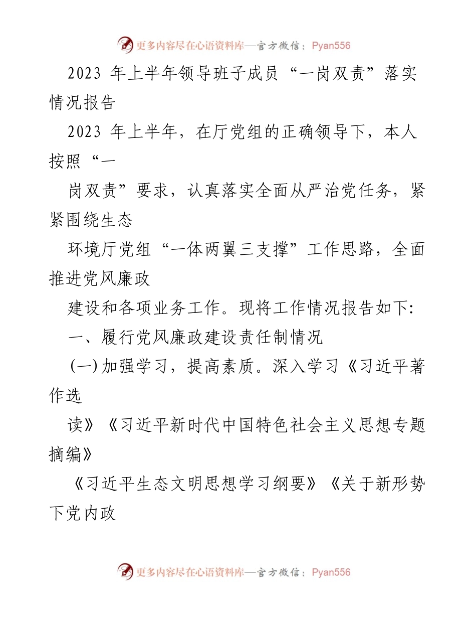 [工作总结] 2023年上半年 - 一岗双责落实情况报告与工作计划.docx_第1页