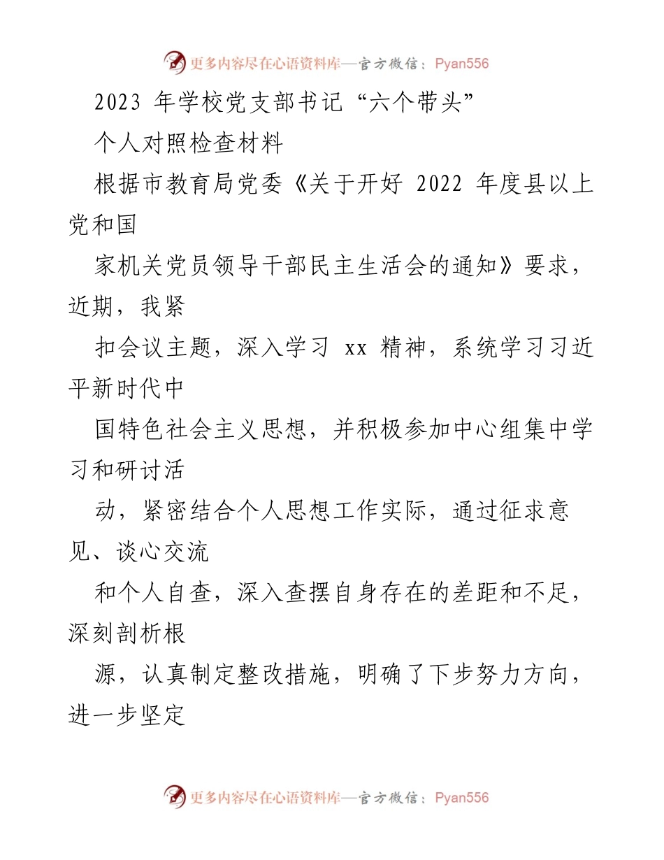 [对照检查材料] 党支部书记民主生活会 - 2023年党支部书记个人对照检查及整改措施总结.docx_第1页