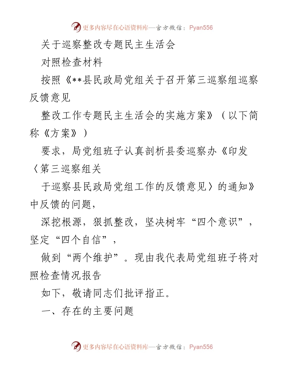 [对照检查材料] 民政局巡察整改 - 巡察整改专题民主生活会对照检查报告.docx_第1页