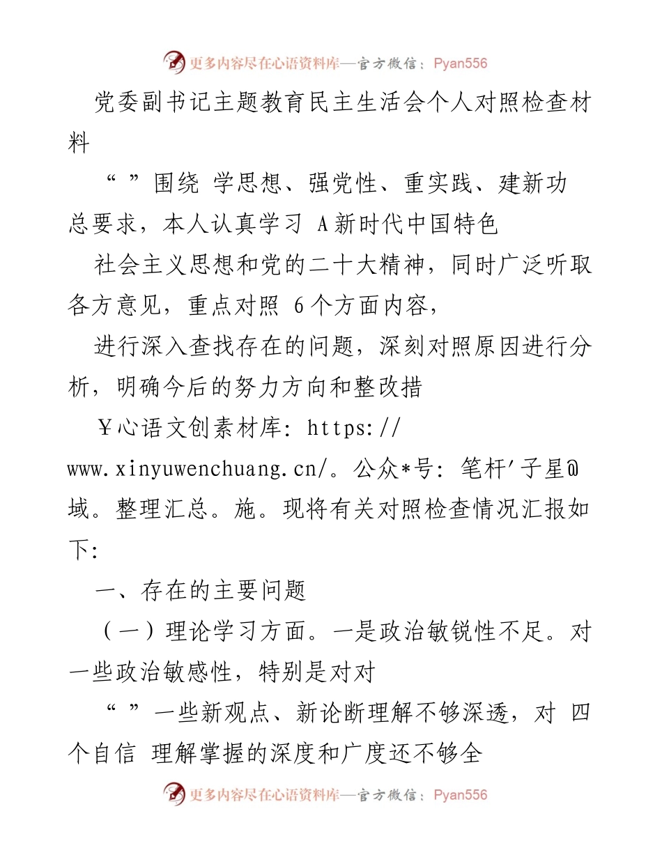 [对照检查材料] 党委副书记主题教育民主生活会 - 深入剖析自身问题，明确整改方向.docx_第1页